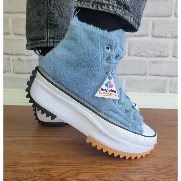 ❤️Converse Run Star Hike Hi Platform Faux Fur 8 Women Shoes Sneaker Blue A13381C - Picture 3 of 13